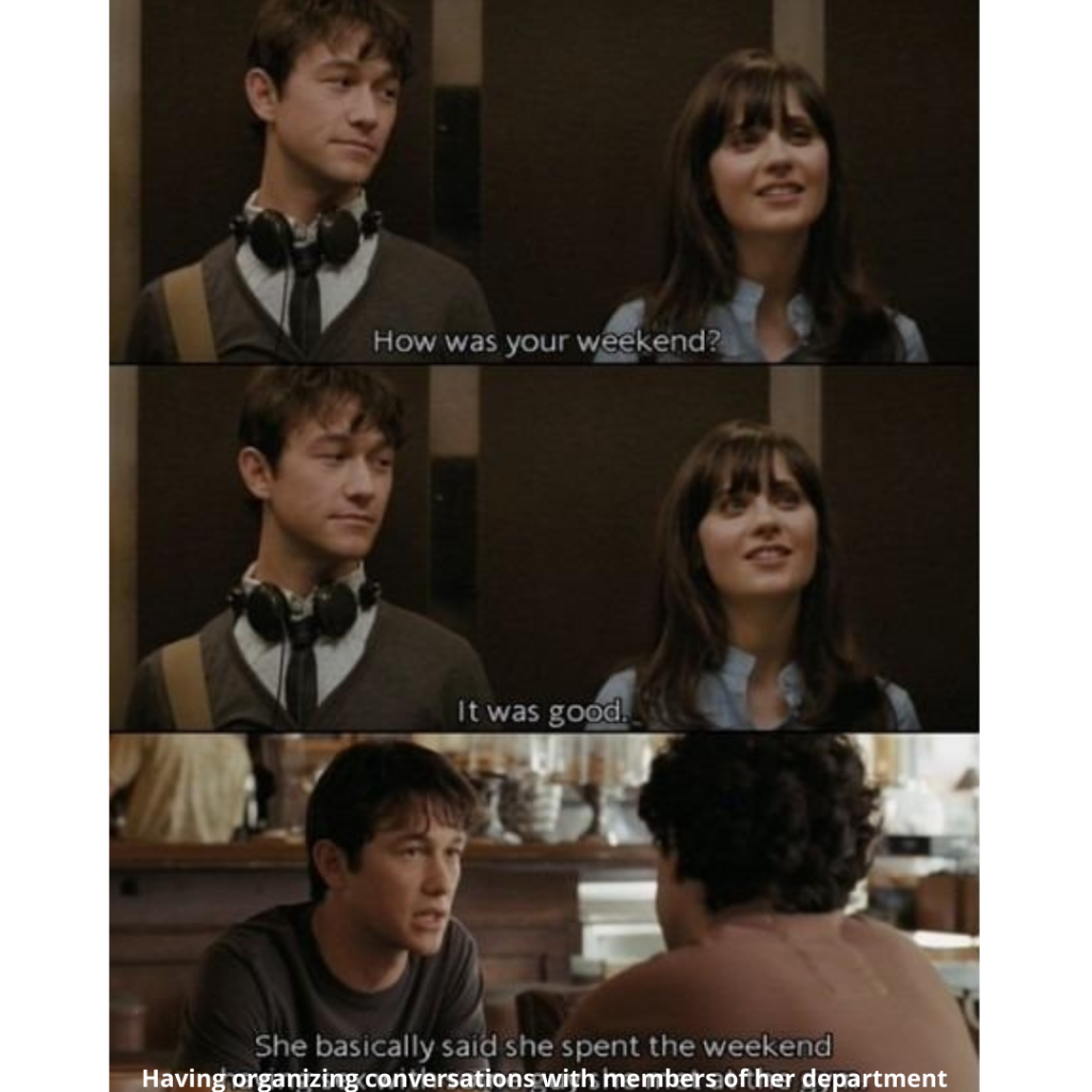 Image: A meme using scenes from the film (500) Days of Summer. In the first two panels, Joseph Gordon-Levitt and Zoey Deschanel converse in an elevator. Joseph asks Zoey "How was your weekend?" She responds contemplatively, "It was good." The text in the third panel, where Joseph Gordon-Levitt talks to a friend, reads, "She basically said she spent the weekend having organizing conversations with members of her department." 